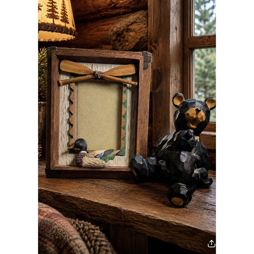 Vintage Rustic Cabin Decor Lot Duck Photo Frame Black Bear Cub Figurine Lodge